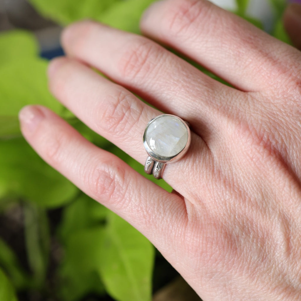 Moonstone Sterling Silver Ring – Stamped Double Band – Size 6.5
