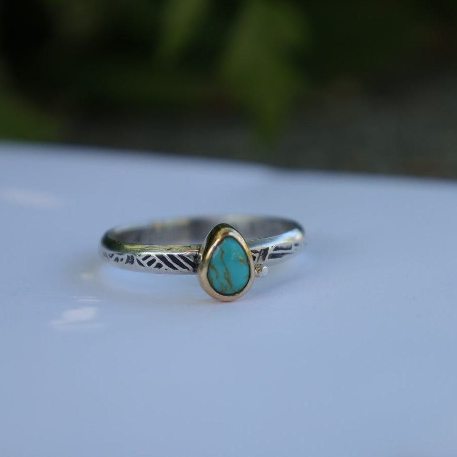 Size 9.25 US  || Turquoise Stone with 14k Bezel + Sterling Silver Band