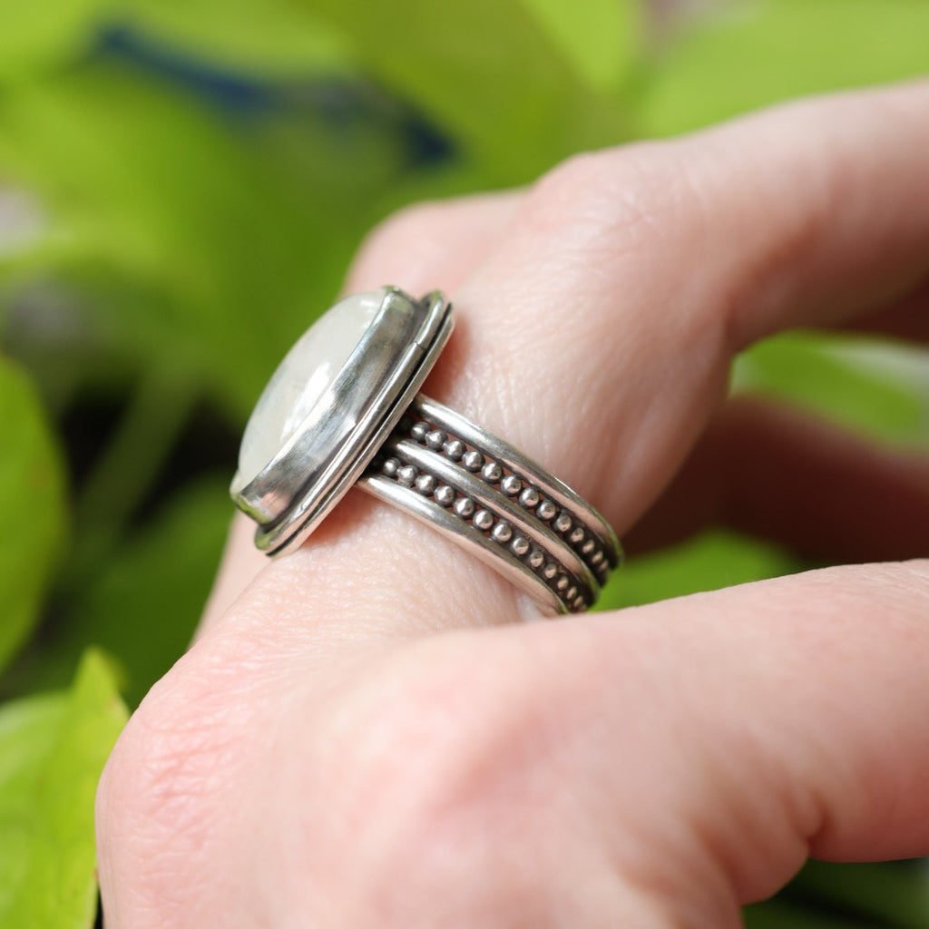 Moonstone Sterling Silver Ring – Beaded Double Band – Size 8.5