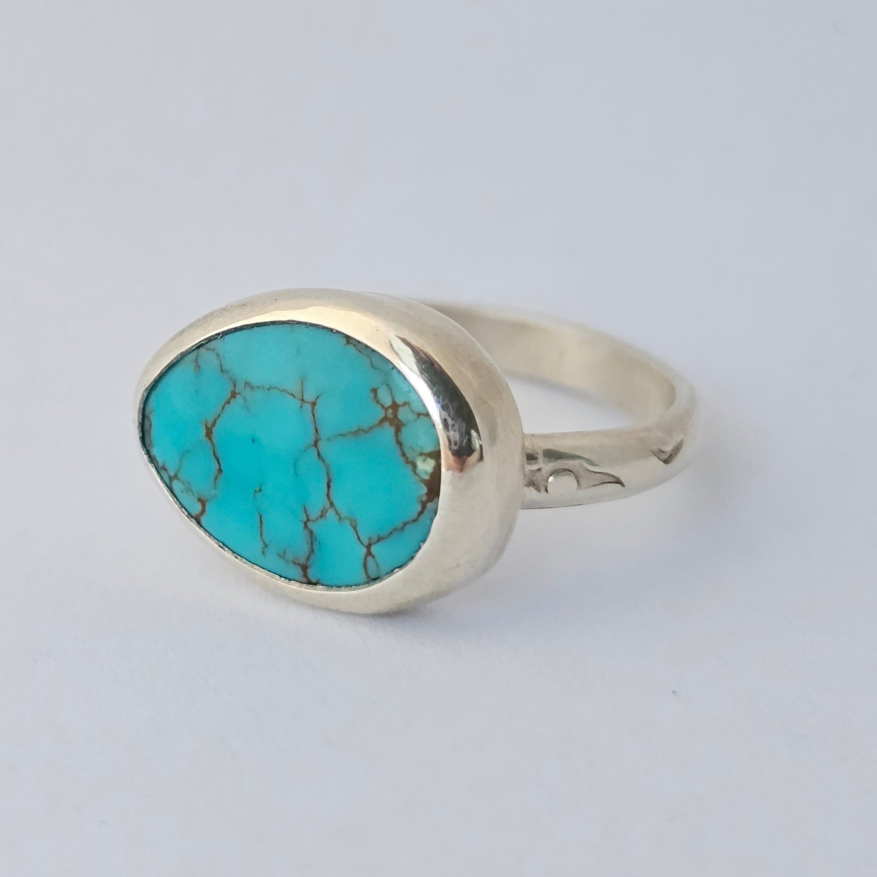 Turquoise Sterling Silver Ring – Textured Band – Size 9
