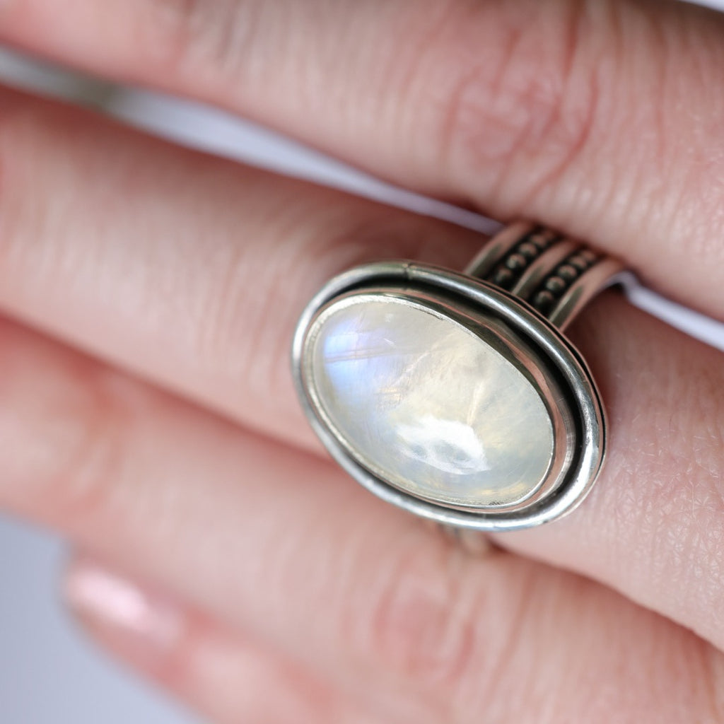 Moonstone Sterling Silver Ring – Beaded Double Band – Size 8.5