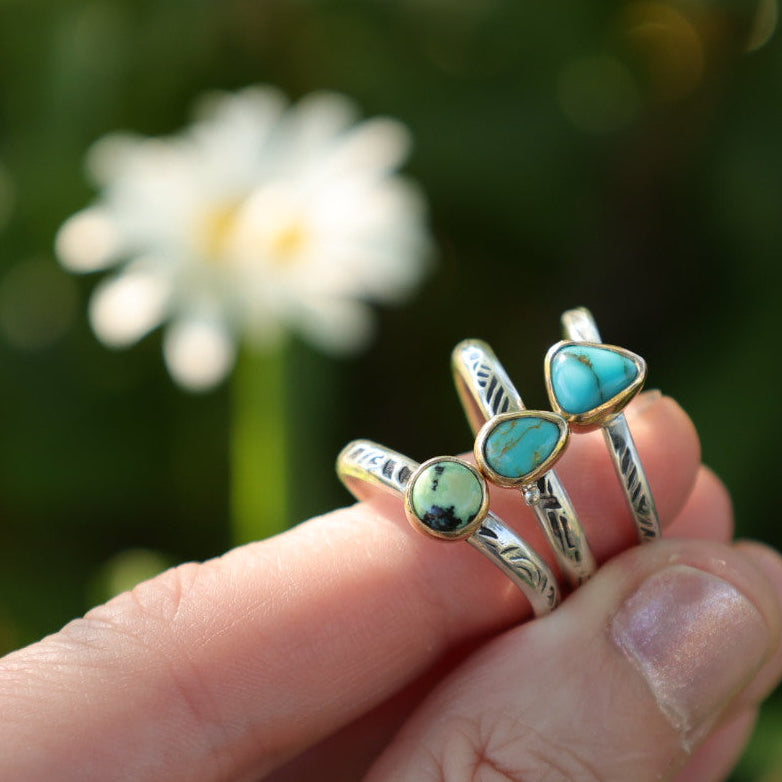 Size 9.25 US  || Turquoise Stone with 14k Bezel + Sterling Silver Band