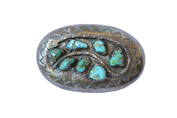 Effie C. Zuni Stamped Silver Turquoise Snake Belt Buckle - (AS IS)