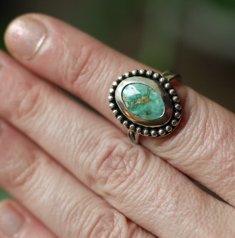 Turquoise Sterling Silver Ring – Wide Textured Band – Size 8.75