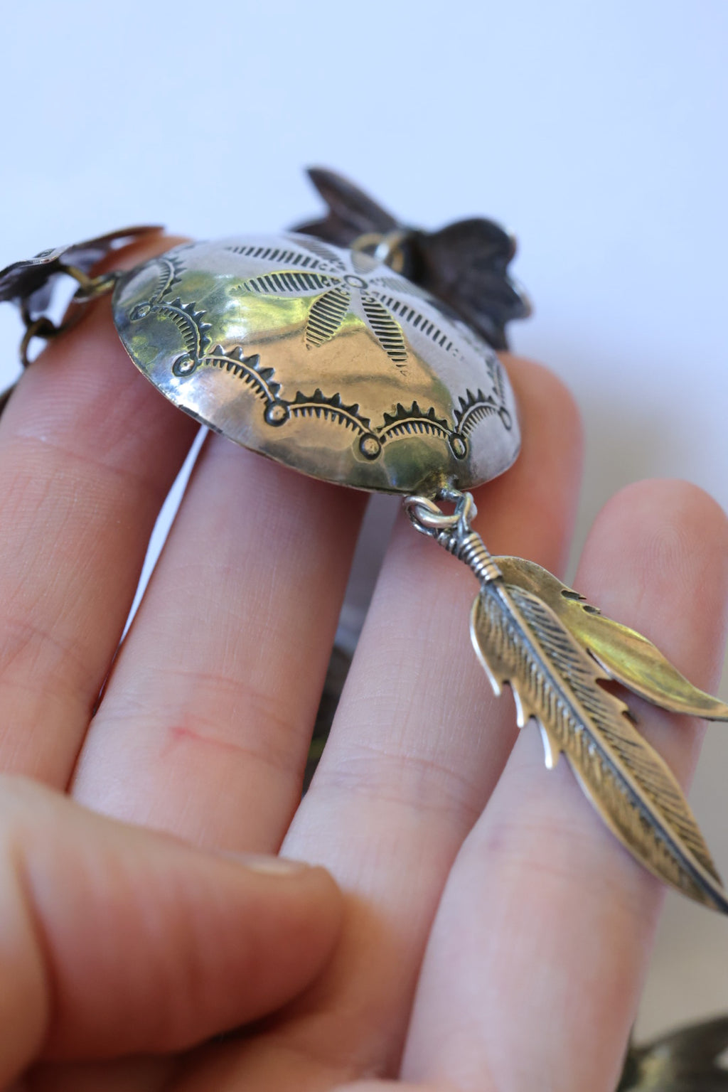 Alfred Peyton Stamped Sterling Silver Concho and Feather Necklace