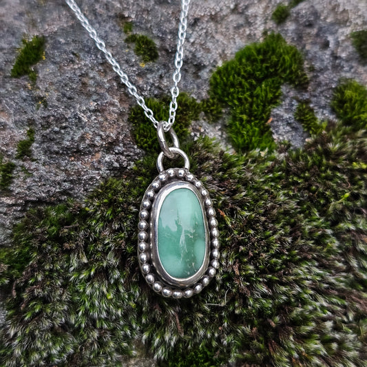High Grade Natural Variscite with Beaded Detail around Bezel - Sterling Silver Pendant