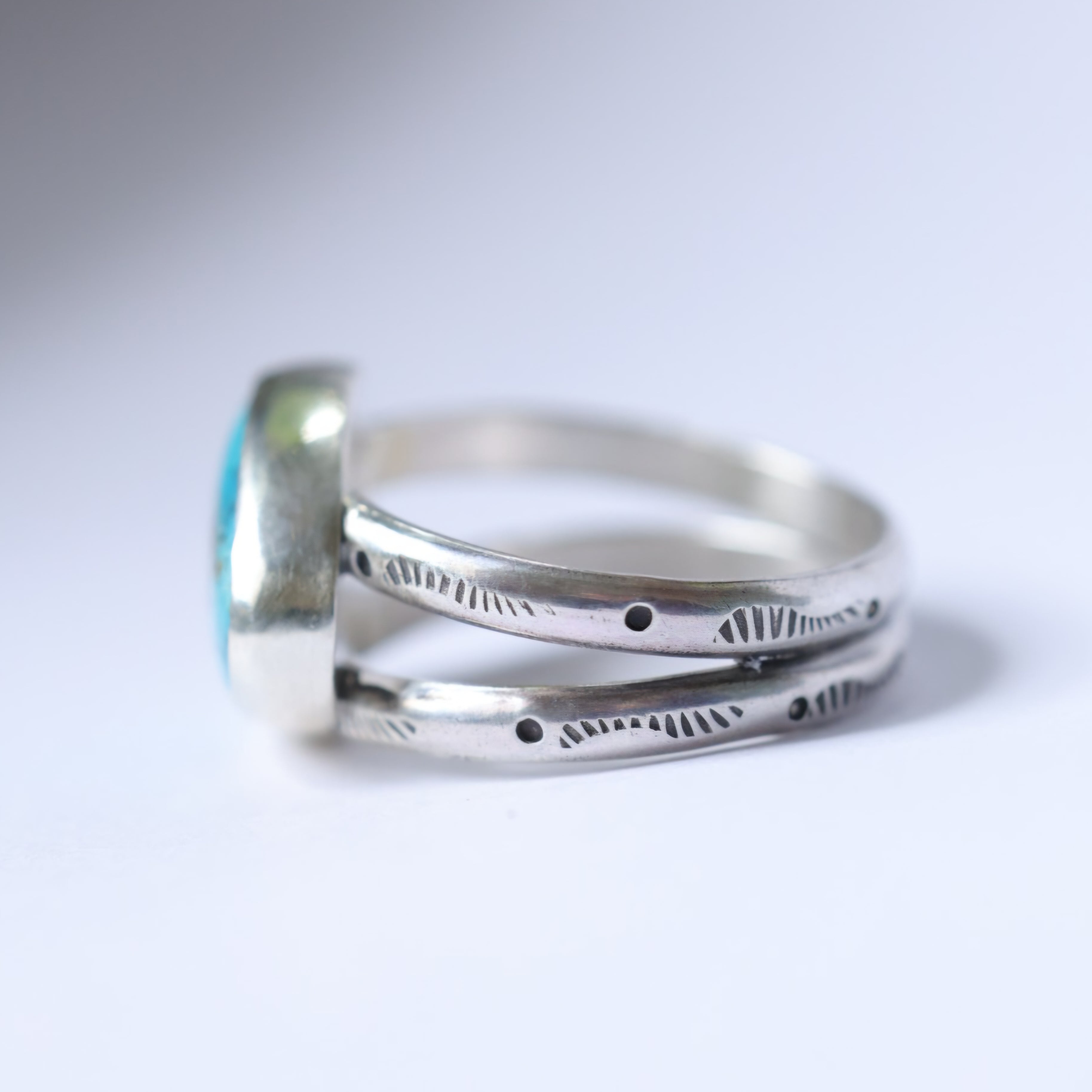 Turquoise Sterling Silver Ring – Stamped Double Band – Size 9.5