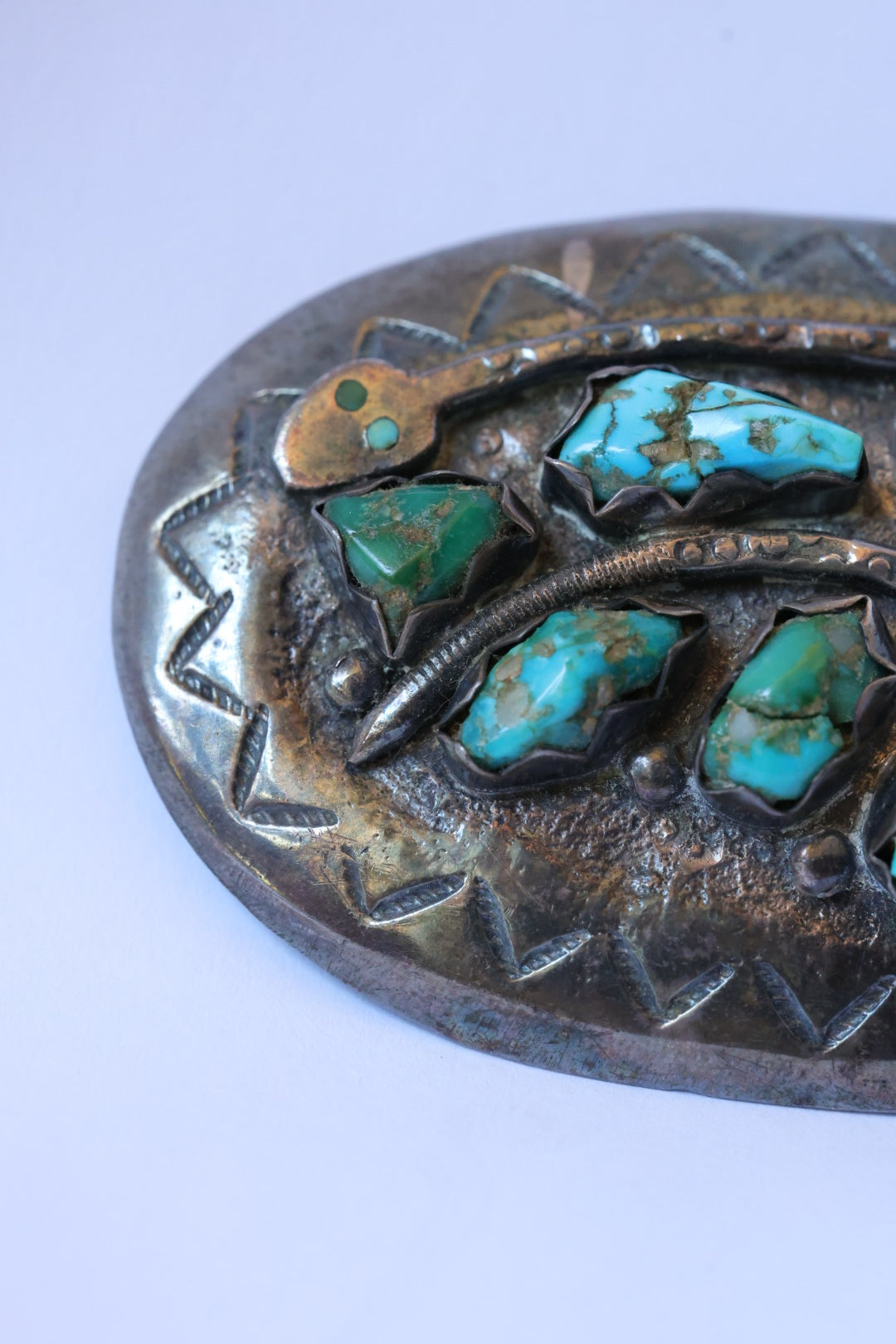 Effie C. Zuni Stamped Silver Turquoise Snake Belt Buckle - (AS IS)