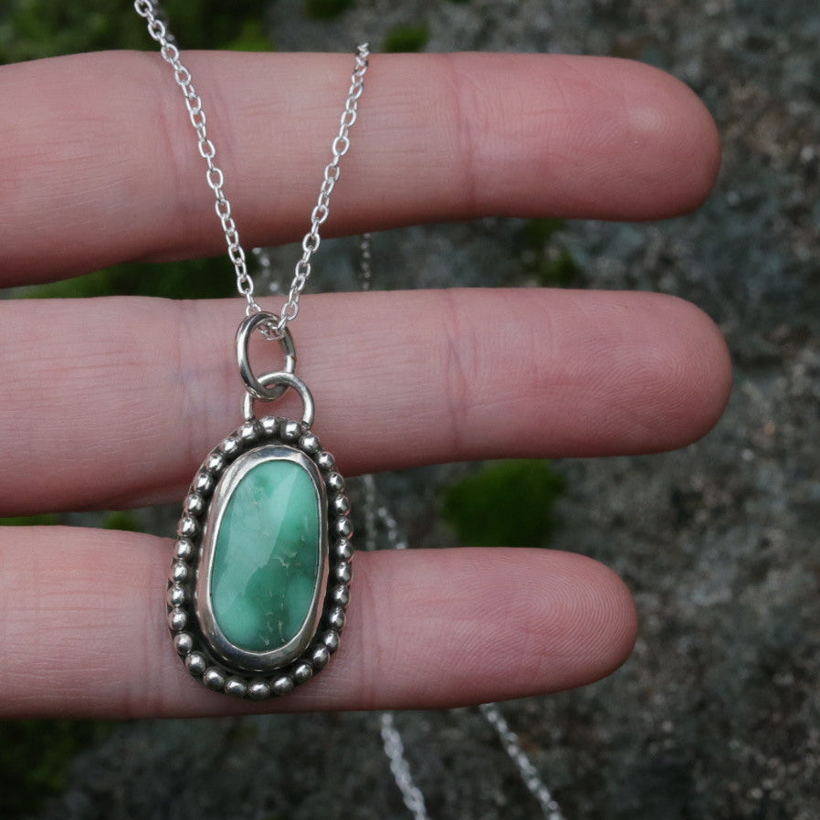 Top grade Natural Lucin Variscite with Beaded Detail around Bezel - Sterling Silver Pendant