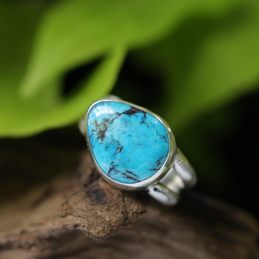 Turquoise Sterling Silver Ring – Stamped Double Band – Size 9.5