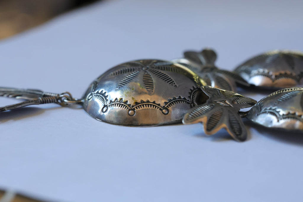 Alfred Peyton Stamped Sterling Silver Concho and Feather Necklace
