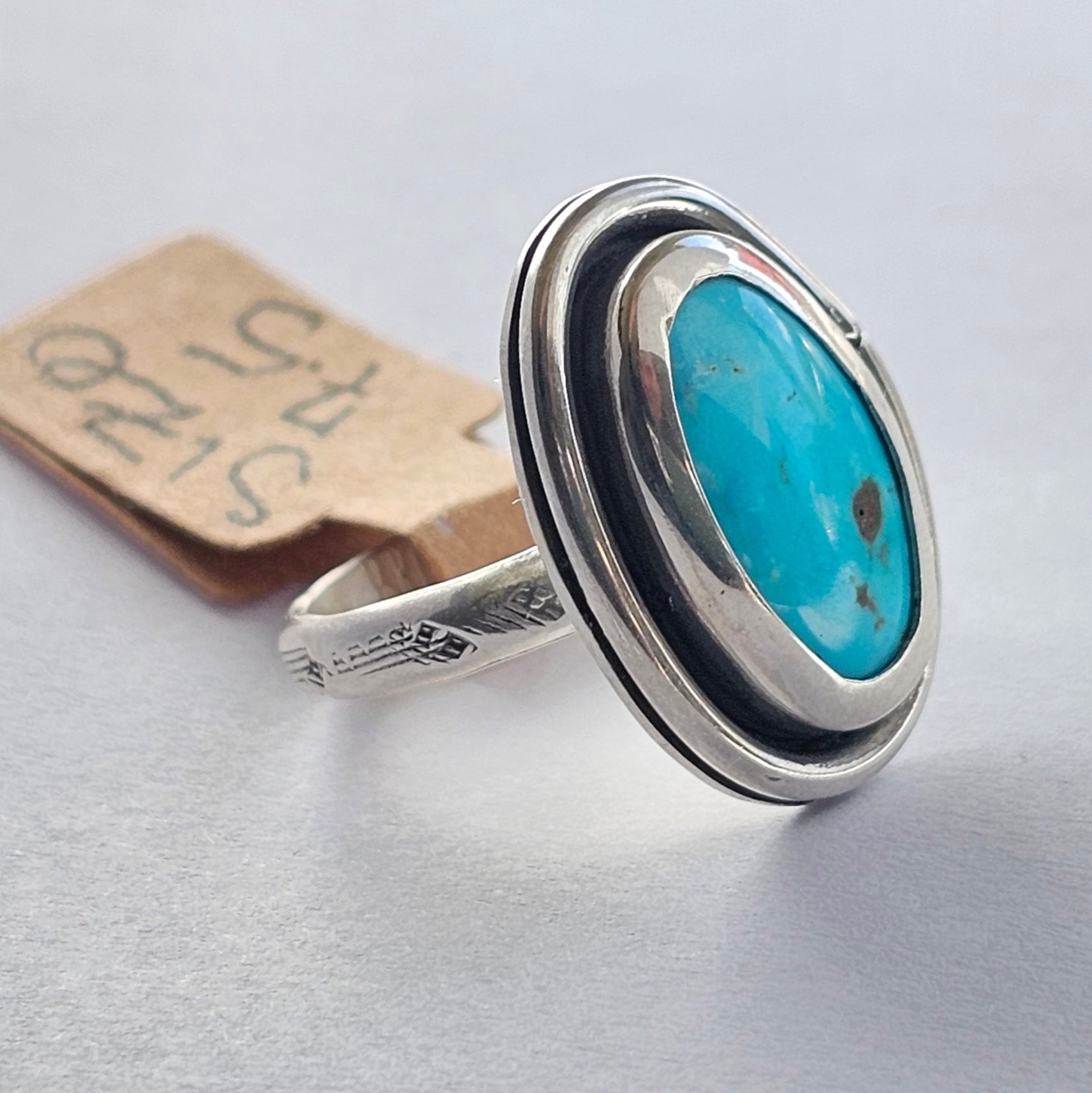 Turquoise Sterling Silver Ring – Textured Band – Size 7.5