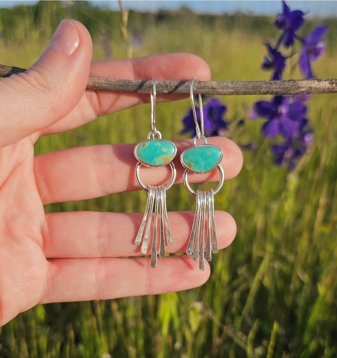 Kingman Turquoise Earrings with Hammered Sterling Silver Fringe