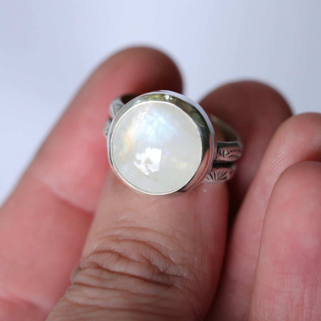 Moonstone Sterling Silver Ring – Stamped Double Band – Size 6.5