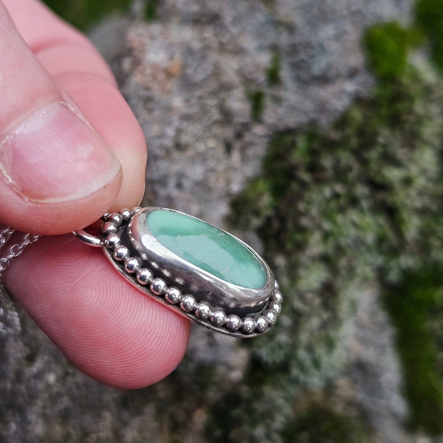 High Grade Natural Variscite with Beaded Detail around Bezel - Sterling Silver Pendant
