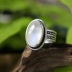 Moonstone Sterling Silver Ring – Beaded Double Band – Size 8.5
