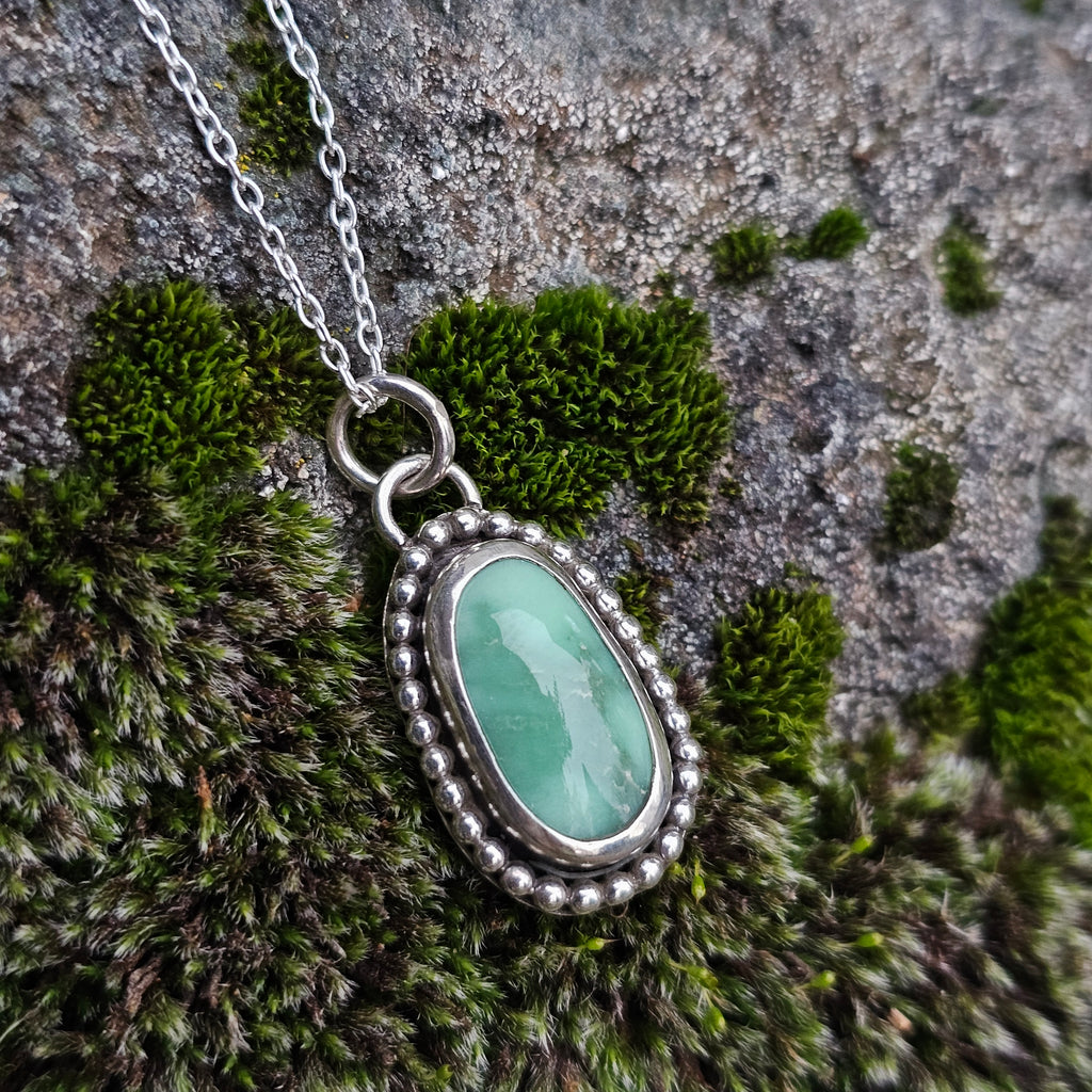 Top grade Natural Lucin Variscite with Beaded Detail around Bezel - Sterling Silver Pendant