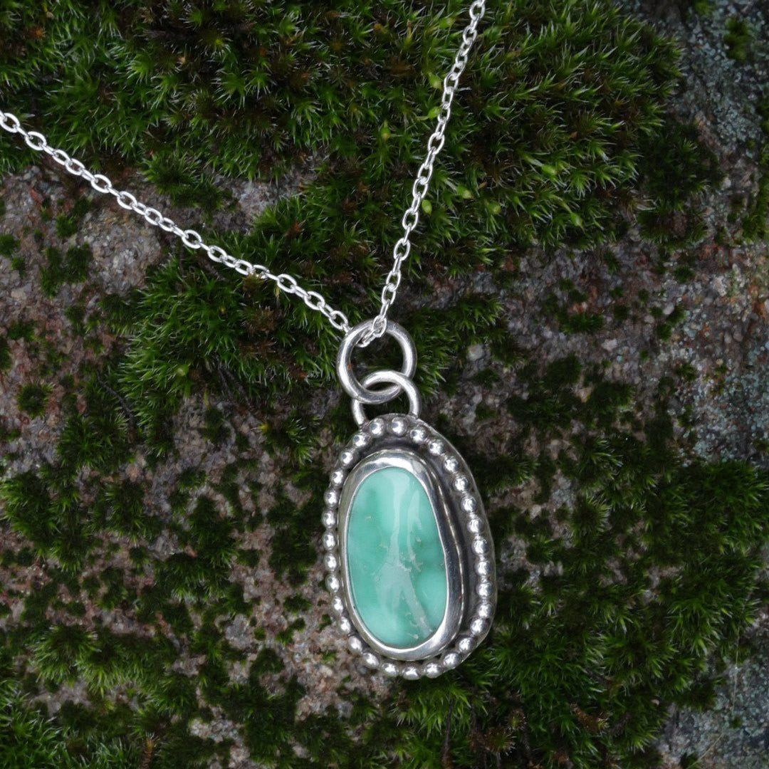 Top grade Natural Lucin Variscite with Beaded Detail around Bezel - Sterling Silver Pendant