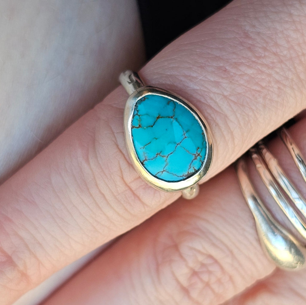 Turquoise Sterling Silver Ring – Textured Band – Size 9