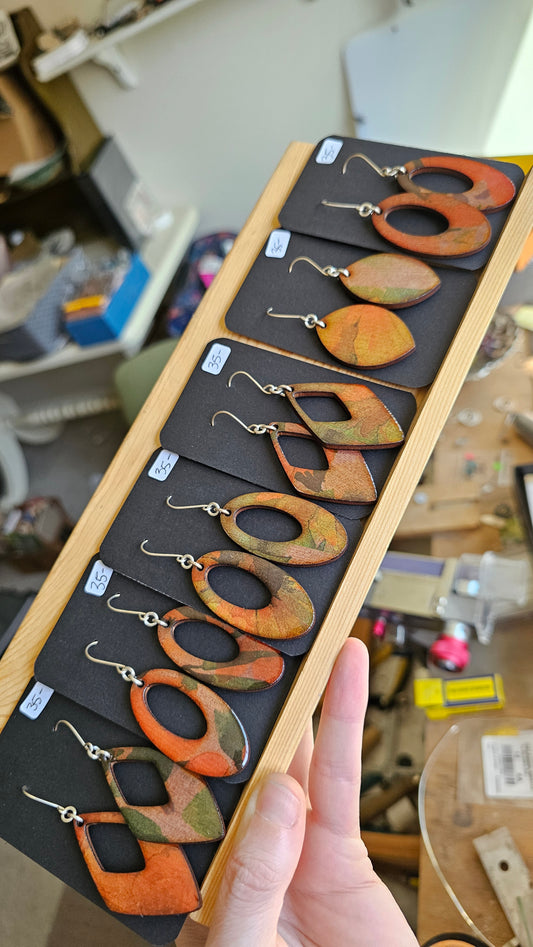 Hardwood Earrings Laser Cut with Resin Covered Design - Created by Shine Designs Customs + Bright Side Jewelry Co.