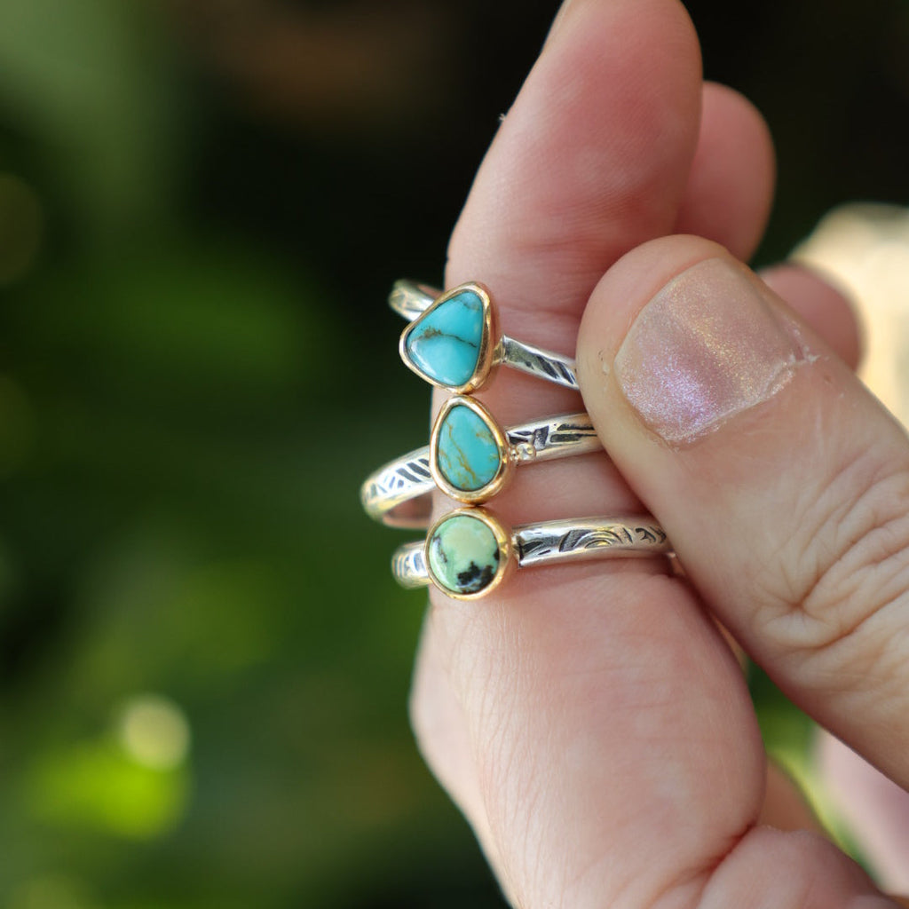 Size 9.25 US  || Turquoise Stone with 14k Bezel + Sterling Silver Band