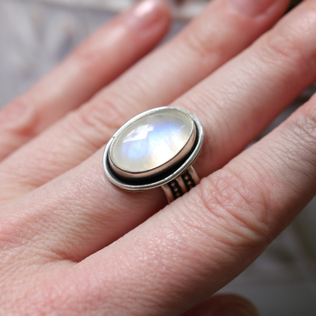 Moonstone Sterling Silver Ring – Beaded Double Band – Size 8.5