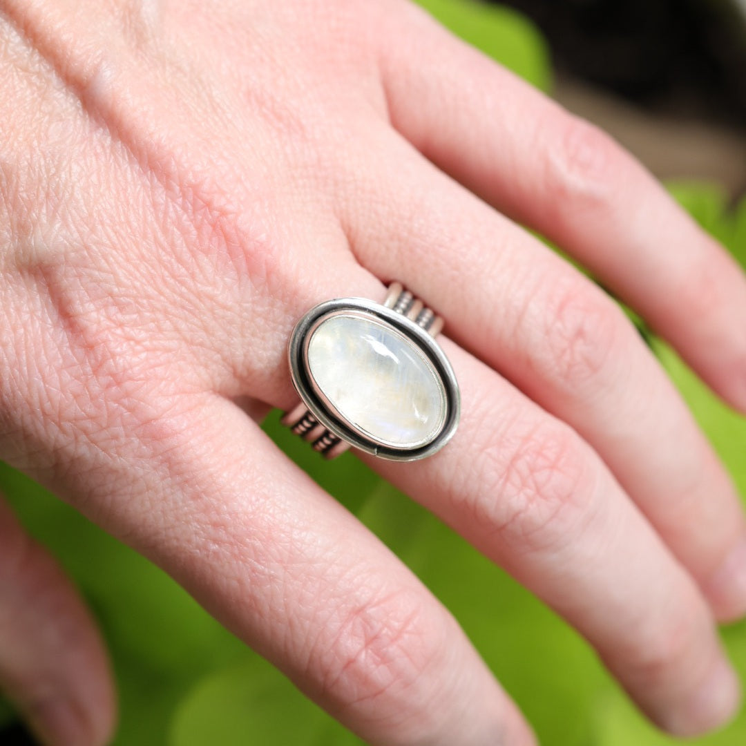 Moonstone Sterling Silver Ring – Beaded Double Band – Size 8.5