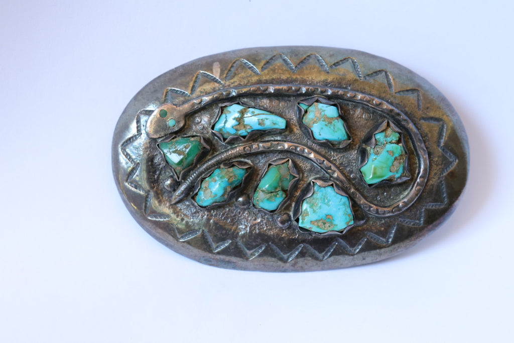 Effie C. Zuni Stamped Silver Turquoise Snake Belt Buckle - (AS IS)