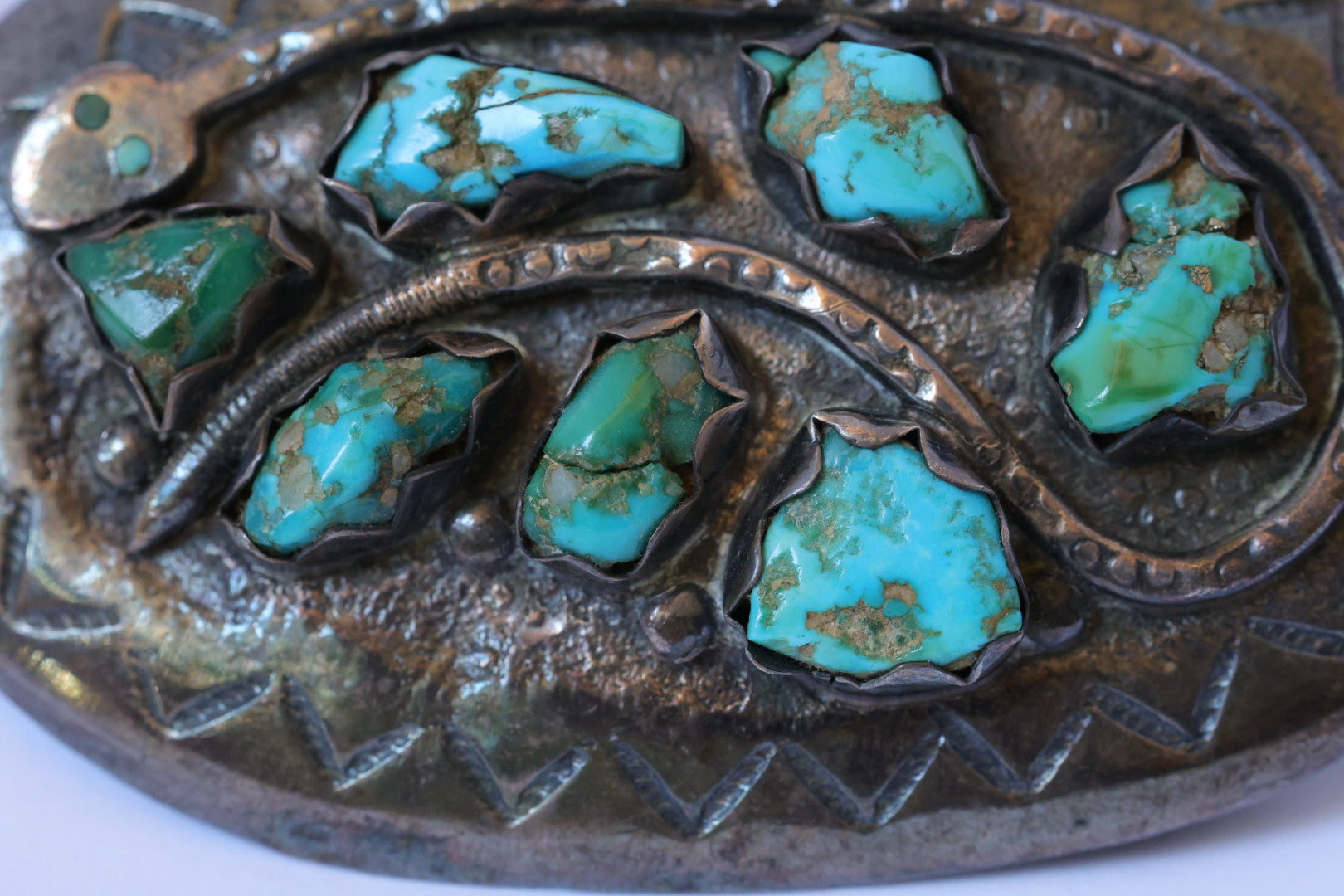 Effie C. Zuni Stamped Silver Turquoise Snake Belt Buckle - (AS IS)