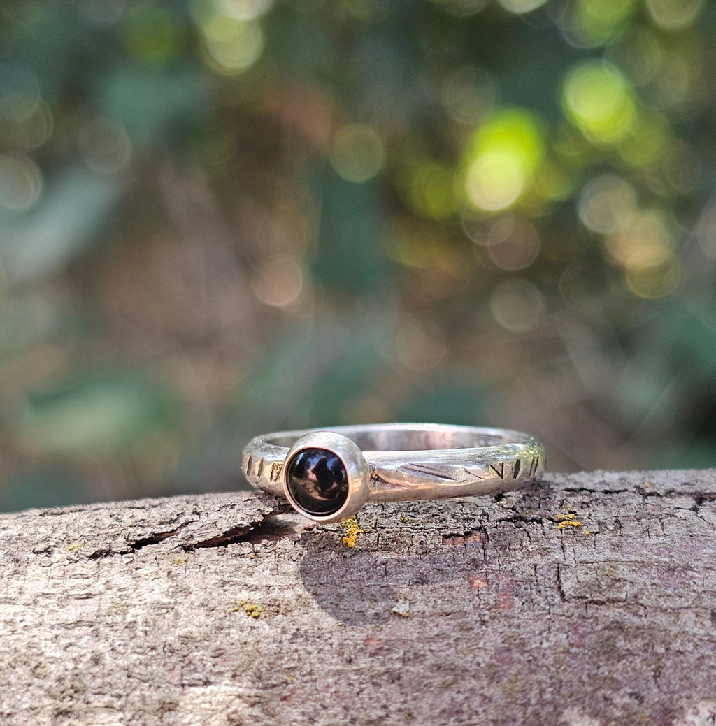Textured Sterling Silver Half Round Band with Onyx Stone - Ready to Ship