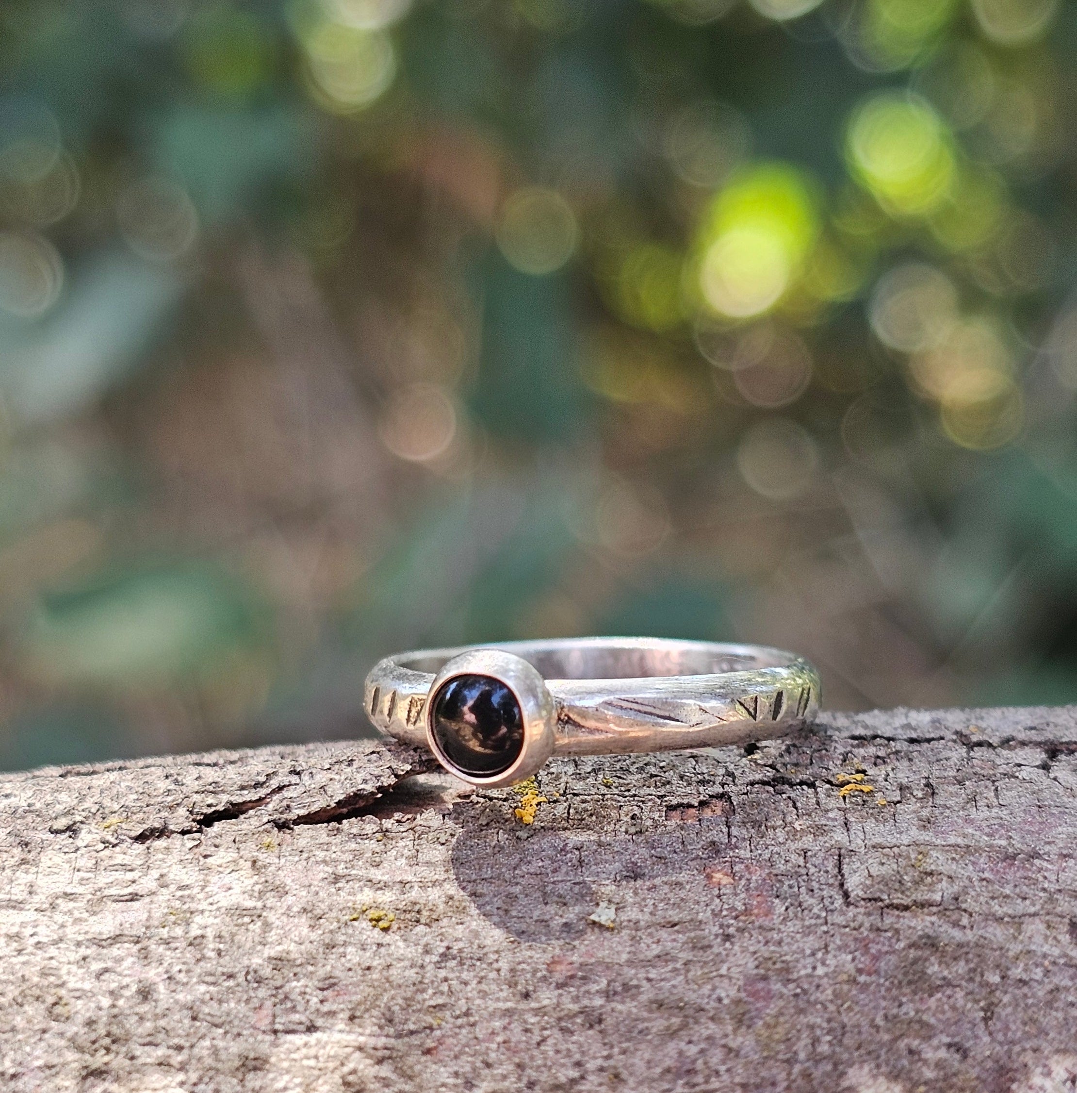 Textured Sterling Silver Half Round Band with Onyx Stone - Ready to Ship