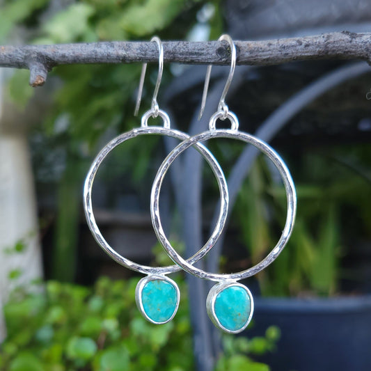 Hammered Sterling Silver Hoop with Kingman Turquoise Stone